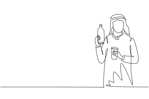 Single continuous line drawing young Arab man holding bottle in one hand and glass of orange juice