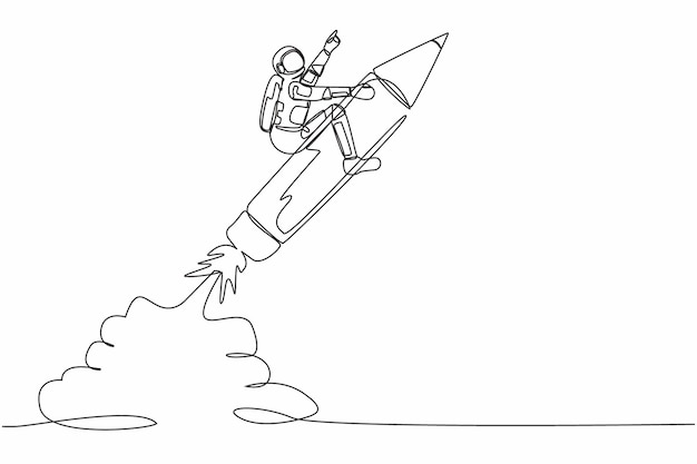Single continuous line drawing young astronaut riding a pencil rocket flying on moon surface