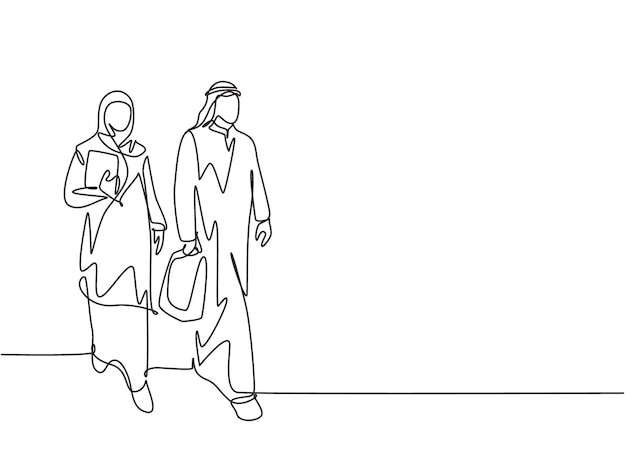 Single continuous line drawing young businessman walking together with his assistant design vector