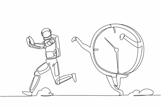 Single one line drawing astronaut being chased by time Afraid with spaceship exploration project