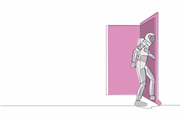 Single one line drawing astronaut enters room through door Starting new day at office illustration