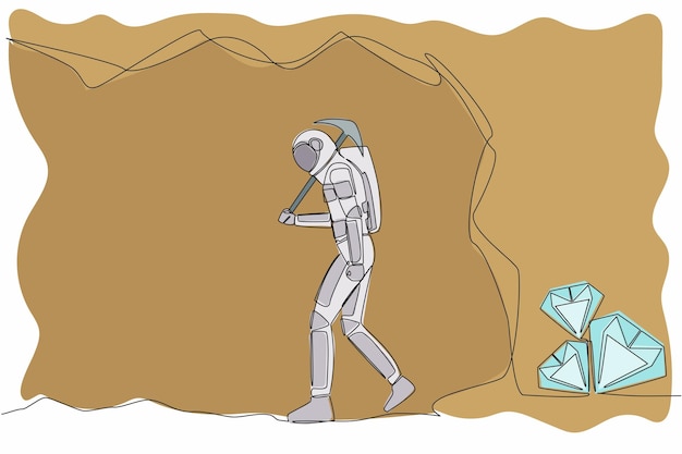 Single one line drawing astronaut gives up before reaching diamonds Stop digging with a pickaxe