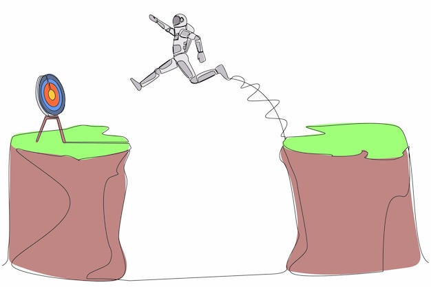 Single one line drawing astronaut jumping over a cliff to reach target design vector illustration