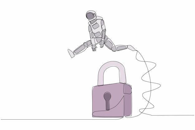 Single one line drawing astronaut jumping padlock Space company protection security illustration