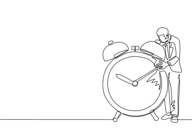 Single one line drawing businessman manager or employee standing and hugging big clock vector