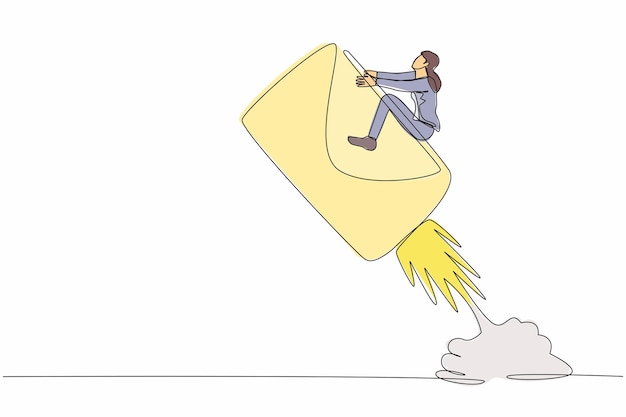 single one line drawing businesswoman riding paper envelope rocket flying in the sky design vector