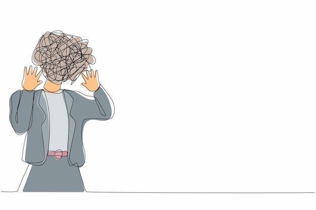 Single one line drawing businesswoman with round scribbles instead of head Woman shocked afraid