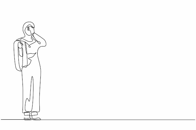 Single one line drawing financial problems bankruptcy concept Sad depressed Arab businesswoman