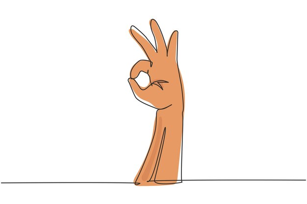 Single one line drawing hand showing okay or perfect gesture Number three hand count design vector