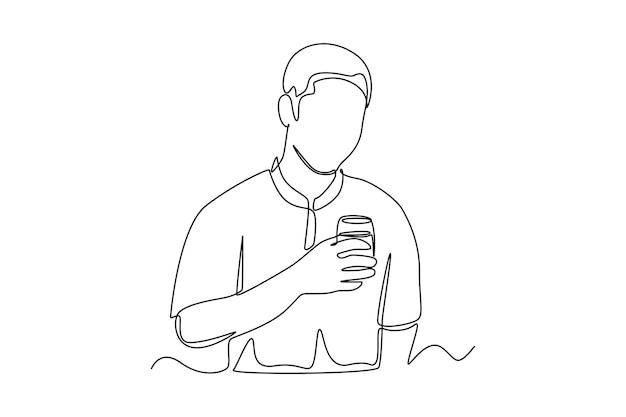 Single one line drawing muslim man breaking fast with drinking water Ramadan activity Concept Continuous line draw design graphic vector illustration