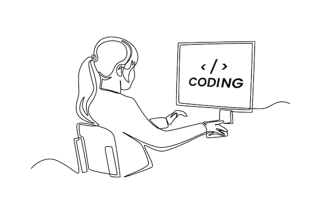 Single one line drawing Programmers or developers make programming language code in front of the computer Programming code concept Continuous line draw design graphic vector illustration
