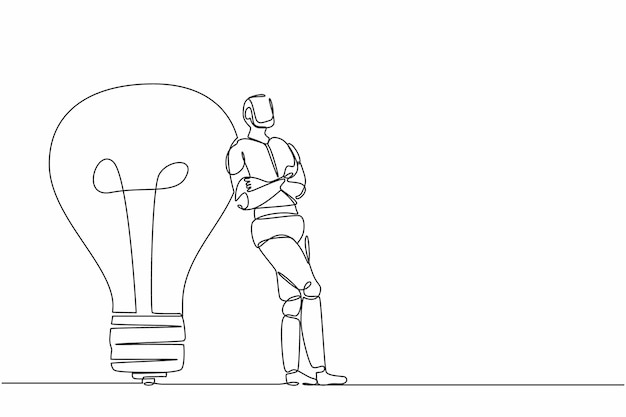 Single one line drawing robot lean on giant light bulb Future technology development illustration