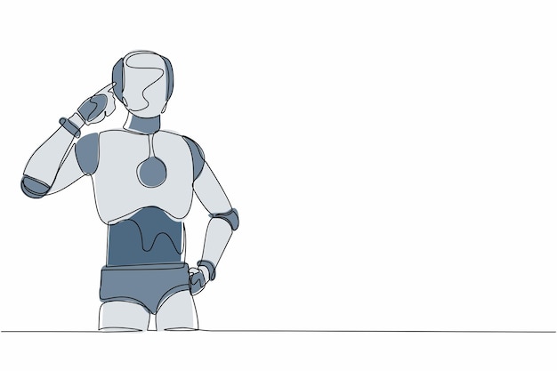 Single one line drawing robot standing with pointing his head thinking something Feeling optimistic