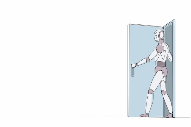 Single one line drawing robot walking out through an open door Future technology development