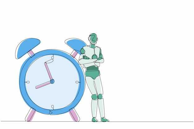 Single one line drawing robots lean on huge alarm clock Modern robotics design vector illustration
