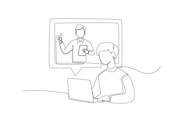 Single one line drawing Student boy learning with teacher via video call conference on laptop International teacher's day concept Continuous line draw design graphic vector illustration