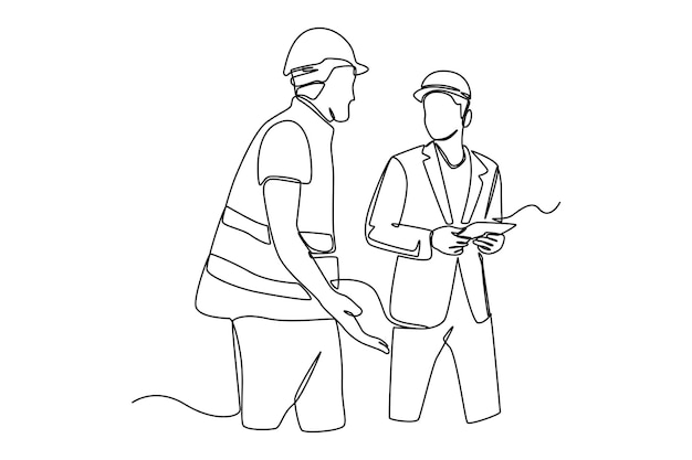 Single one line drawing worker staff discussing and checking stock on tablet Supply chain management concept Continuous line draw design graphic vector illustration
