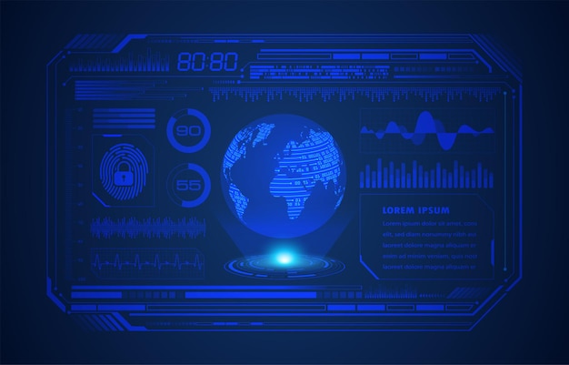 Sininen binääripiirilevy, tulevaisuuden teknologia, HUD-kyberturvallisuuden konseptitausta