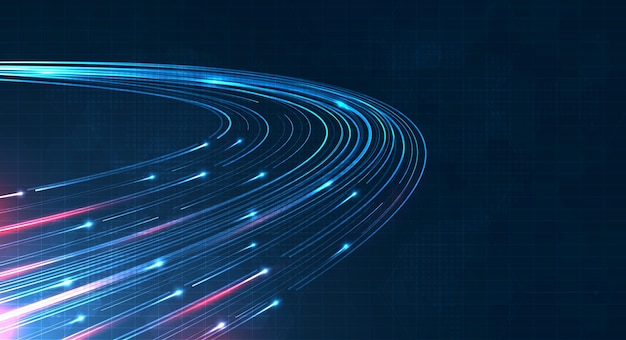 Sininen valojuova, valokuitunopeusviiva, futuristinen tausta 5G- tai 6G-tekniikan langattomalle tiedonsiirrolle, nopea internet abstraktissa internet-verkkokonseptissa, vektorisuunnittelu