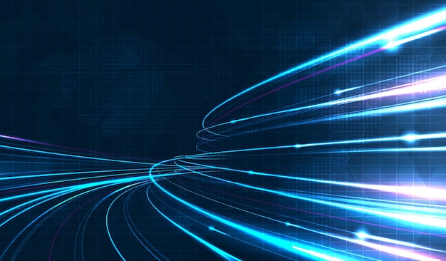 Sininen valojuova, valokuitunopeusviiva, futuristinen tausta 5G- tai 6G-tekniikan langattomalle tiedonsiirrolle, nopea internet abstraktissa internet-verkkokonseptissa, vektorisuunnittelu