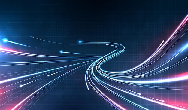 Sininen valojuova, valokuitunopeusviiva, futuristinen tausta 5G- tai 6G-tekniikan langattomalle tiedonsiirrolle, nopea internet abstraktissa internet-verkkokonseptissa, vektorisuunnittelu