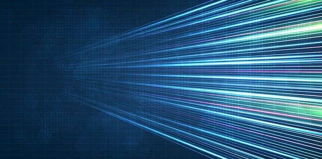 Sininen valojuova, valokuitunopeusviiva, futuristinen tausta 5G- tai 6G-tekniikan langattomalle tiedonsiirrolle, nopea internet abstraktissa internet-verkkokonseptissa, vektorisuunnittelu