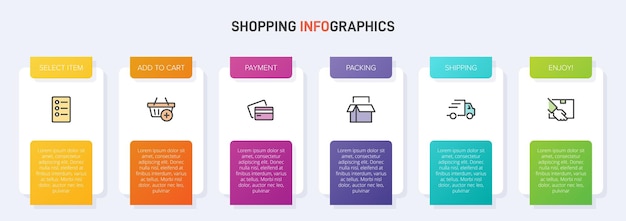 Six colorful graphic elements for shopping process successive steps with icons and text