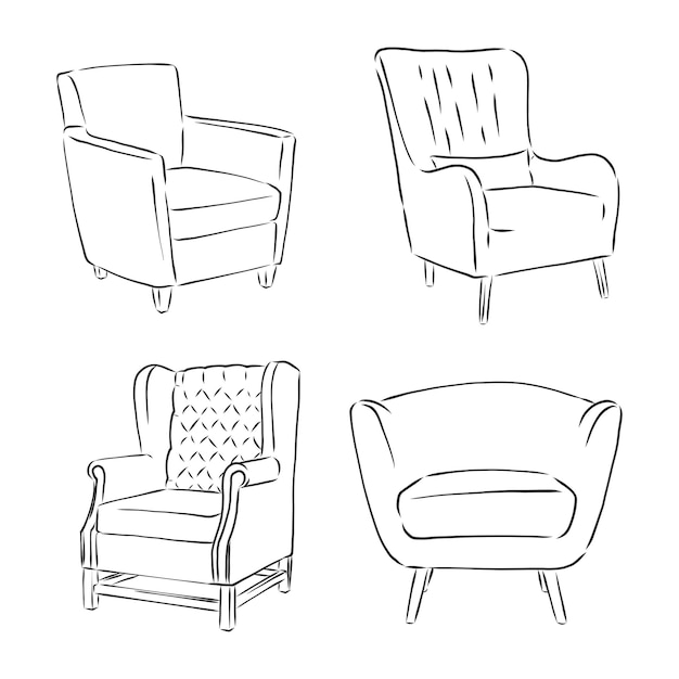 sketch chair in linear style, outline drawing in black on a white background. upholstered furniture for sitting, relaxing. silhouette. vector. upholstered chair, vector sketch illustration