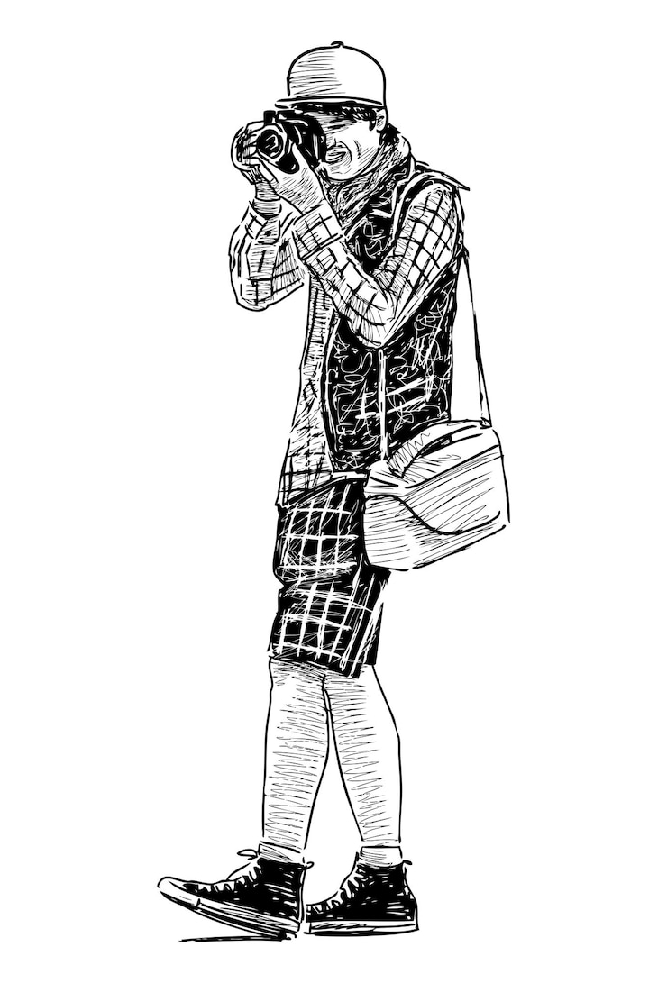 Vektori sketch of young photographer shooting on camera realistic hand drawn vector illustration