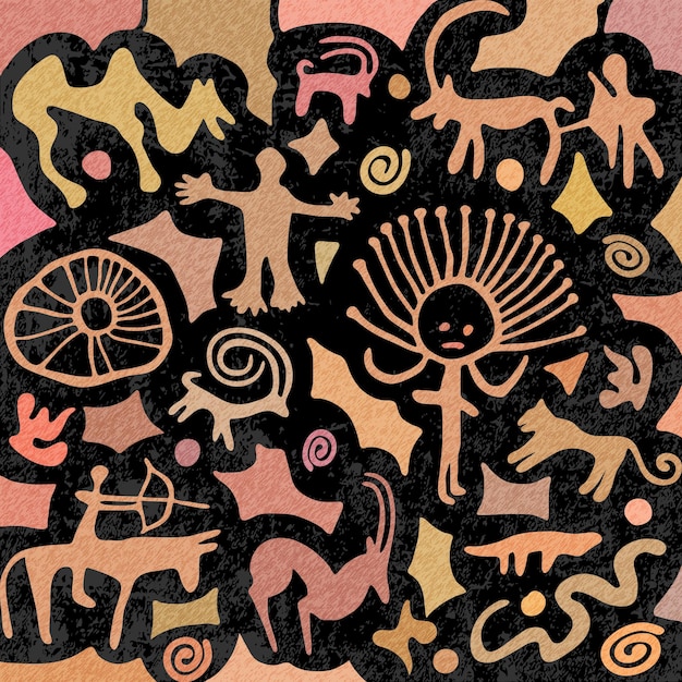 Sketch on the ethnic theme, a series of petroglyphs, rock paintings of Central Asia, vector design