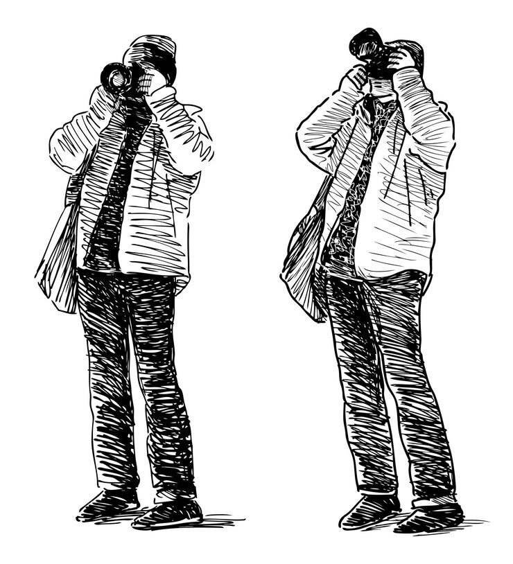 Vektori sketches of two men photographing on camera vector realistic hand drawing