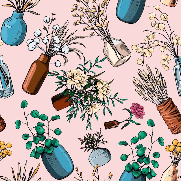 Sketches of vases with flowers and plants. Vintage home decor botanical ornament. Hand drawn vector seamless pattern. Abstract design for textile, background, wallpaper.