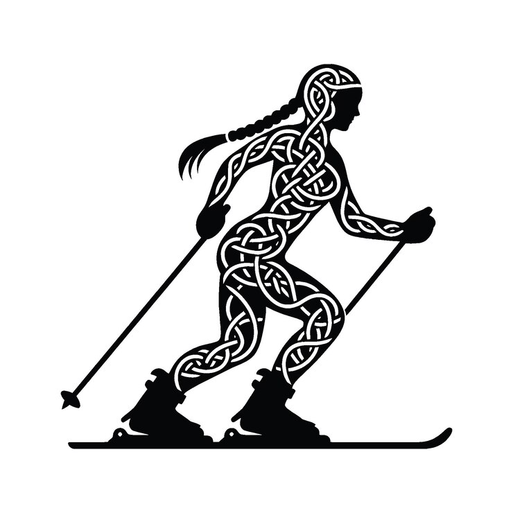 Vektori skiing female player in celtic knot pattern illustration emblem shield badge