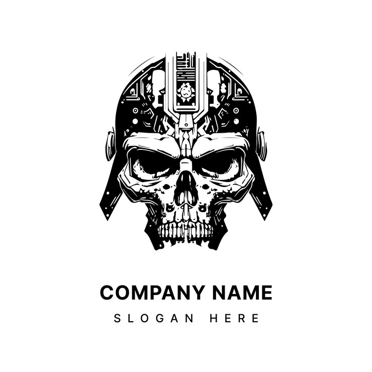Vektori skull head logo black and white ink hand drawn illustration