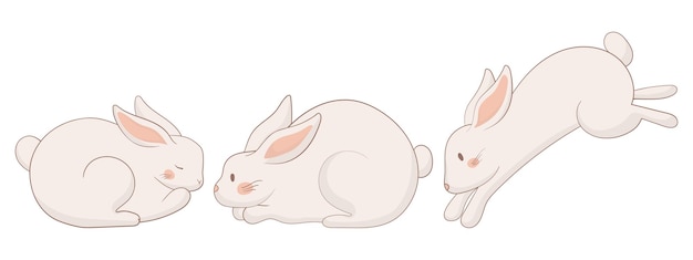 sleeping resting and jumping bunny icon one rabbit is curled up asleep another lies down and the third is midleap a peaceful and dynamic animal illustration