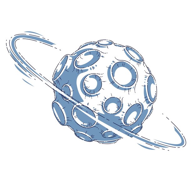 Small cartoon vector fantastic planet with craters from asteroid and meteorite rains fall. Thin line 3d vector illustration isolated on white background.
