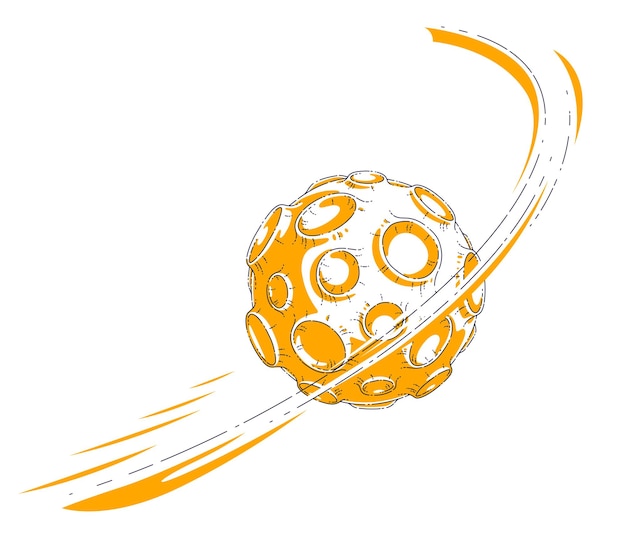 Small cartoon vector fantastic planet with craters from asteroid and meteorite rains fall. Thin line 3d vector illustration isolated on white background.