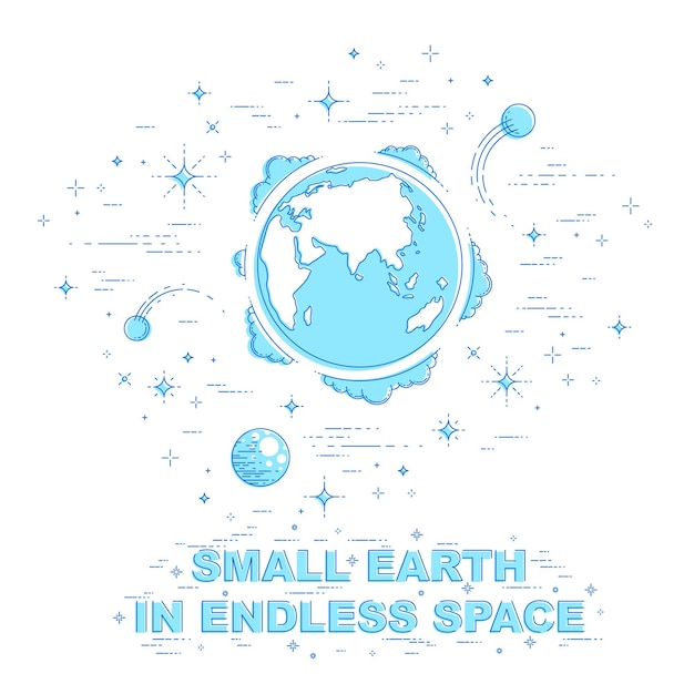 small earth in endless space surrounded by asteroids, comets, meteors, stars and other elements. cosmos science theme. thin line 3d vector illustration isolated on white.