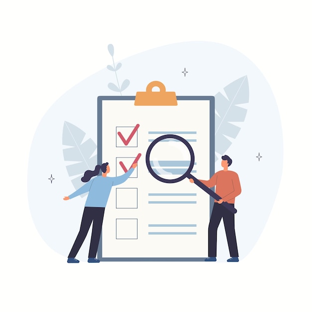 Small woman and man checking on paper to do list daily task  Vector flat style illustration