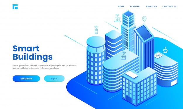 Smart Building concept based landing page design with isometric real estate buildings area showing residentials, hospital and commercial space.
