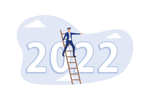 smart businessman climb up ladder to see through telescope on year 2022 number, economic outlook.