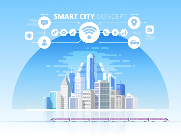 Smart city. Cityscape background with different icons and elements. design concept with icons