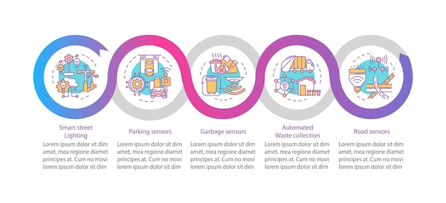 Smart city infrastructure vector infographic template. Smart system presentation outline design elements. Data visualization with 5 steps. Process timeline info chart. Workflow layout with line icons