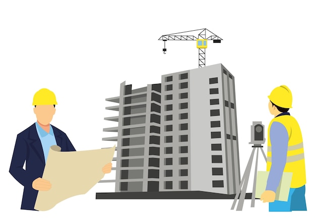 Smart civil architect engineer inspecting and working outdoors building side with blueprints engineering and architecture concept