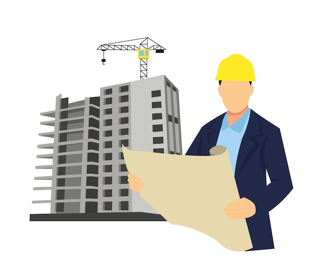 Smart civil architect engineer inspecting and working outdoors building side with blueprints engineering and architecture concept