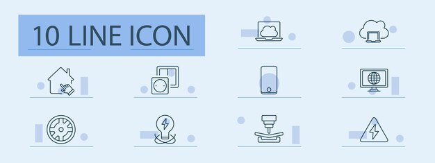 Smart home and technology set icon House cloud laptop mobile monitor wheel light bulb machine energy warning
