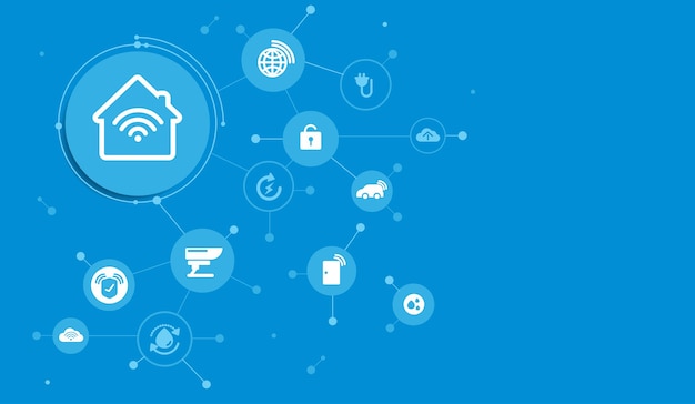 Smart home interface icons in room interior Concept control and modern technology on a virtual