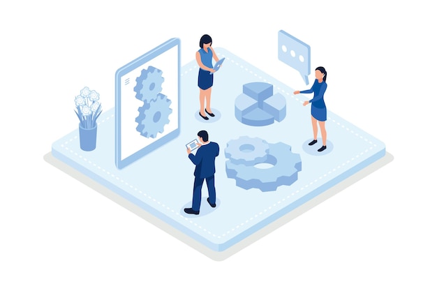 Smart intelligence technology in industrial factory. Characters wearing virtual reality headsets