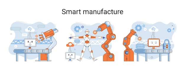 smart manufacture metaphor with automated production line innovative contemporary smart industry product design delivery and distribution with people robots and machinery conveyor assembly line
