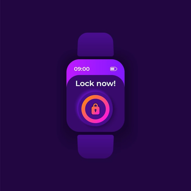 Smart security smartwatch interface vector template. IOT mobile app notification night mode design. Home lock control screen. Flat UI for application. Padlock button on smart watch display.